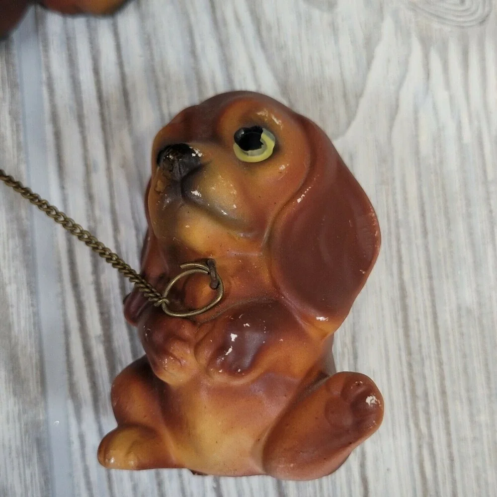 Vintage Dog Figurine Set Brown Mother and Puppies on Chain MCM Kitsch Decor